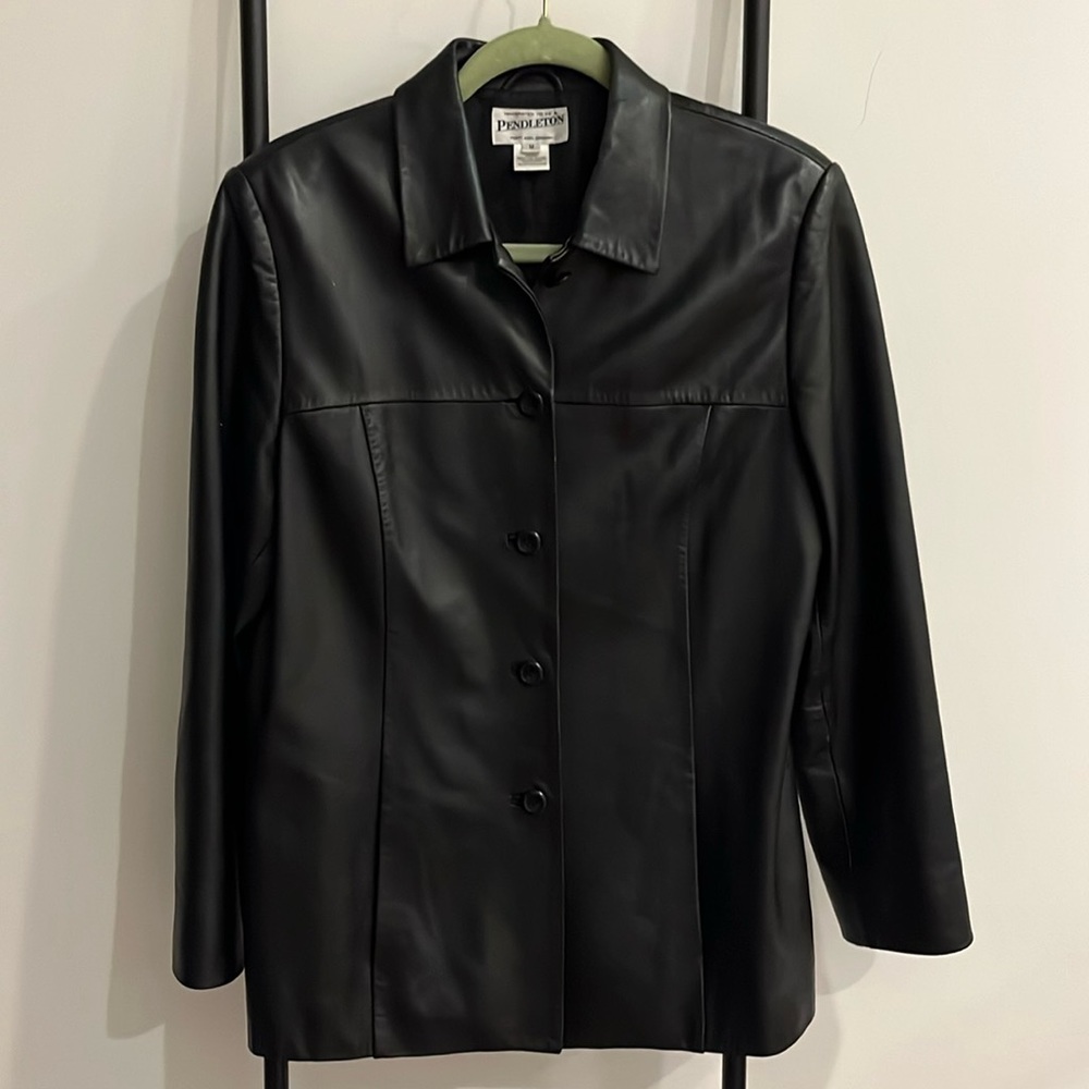 Vintage Pendleton Leather Jacket Button Down Black Long Sleeve Women Size M